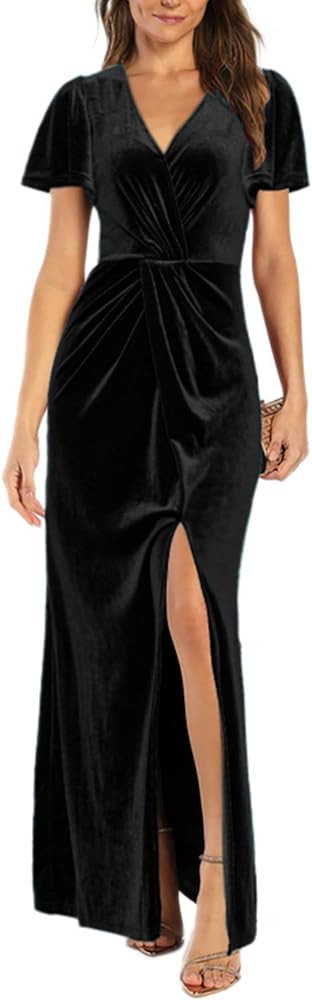 Simplee Women's Twist Front V Neck Velvet Maxi Dress Short Sleeve Fall Wedding Guest Long Semi Fo... | Amazon (US)