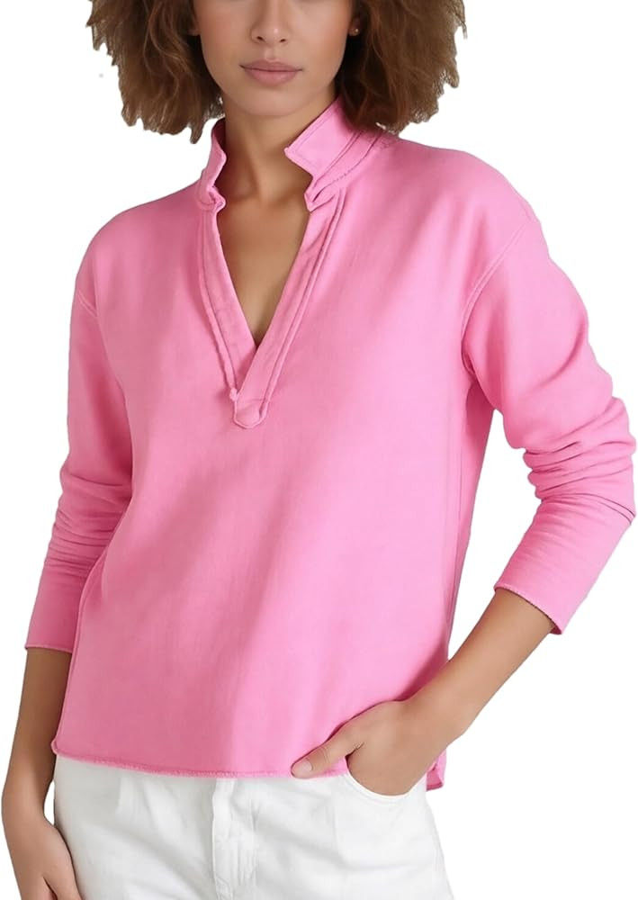 Zontroldy Sweatshirt for Womens Solid Color/Stripe Shirts Long Sleeve V Neck Polo Collared Fall O... | Amazon (US)