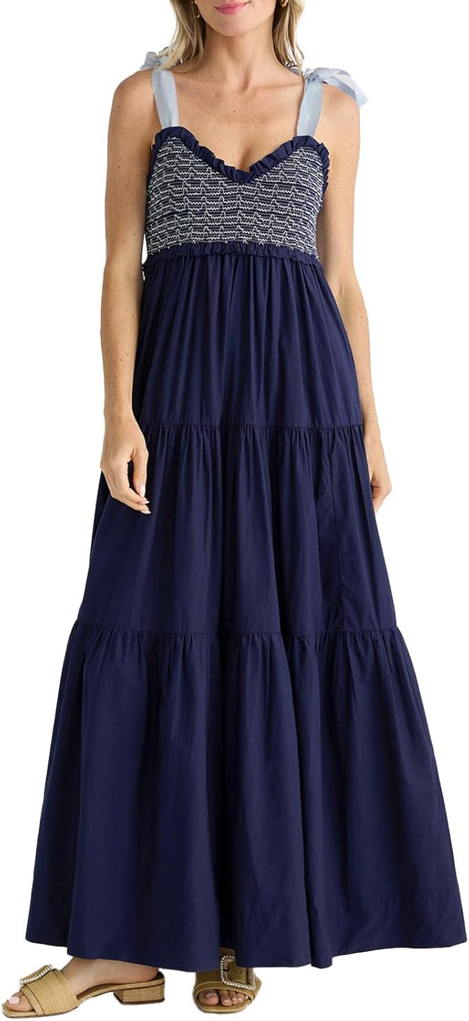 Women V Neck Tie Shoulder Maxi Dress Sleeveless Smocked Tired A Line Boho Beach Dress Patchwork S... | Amazon (US)