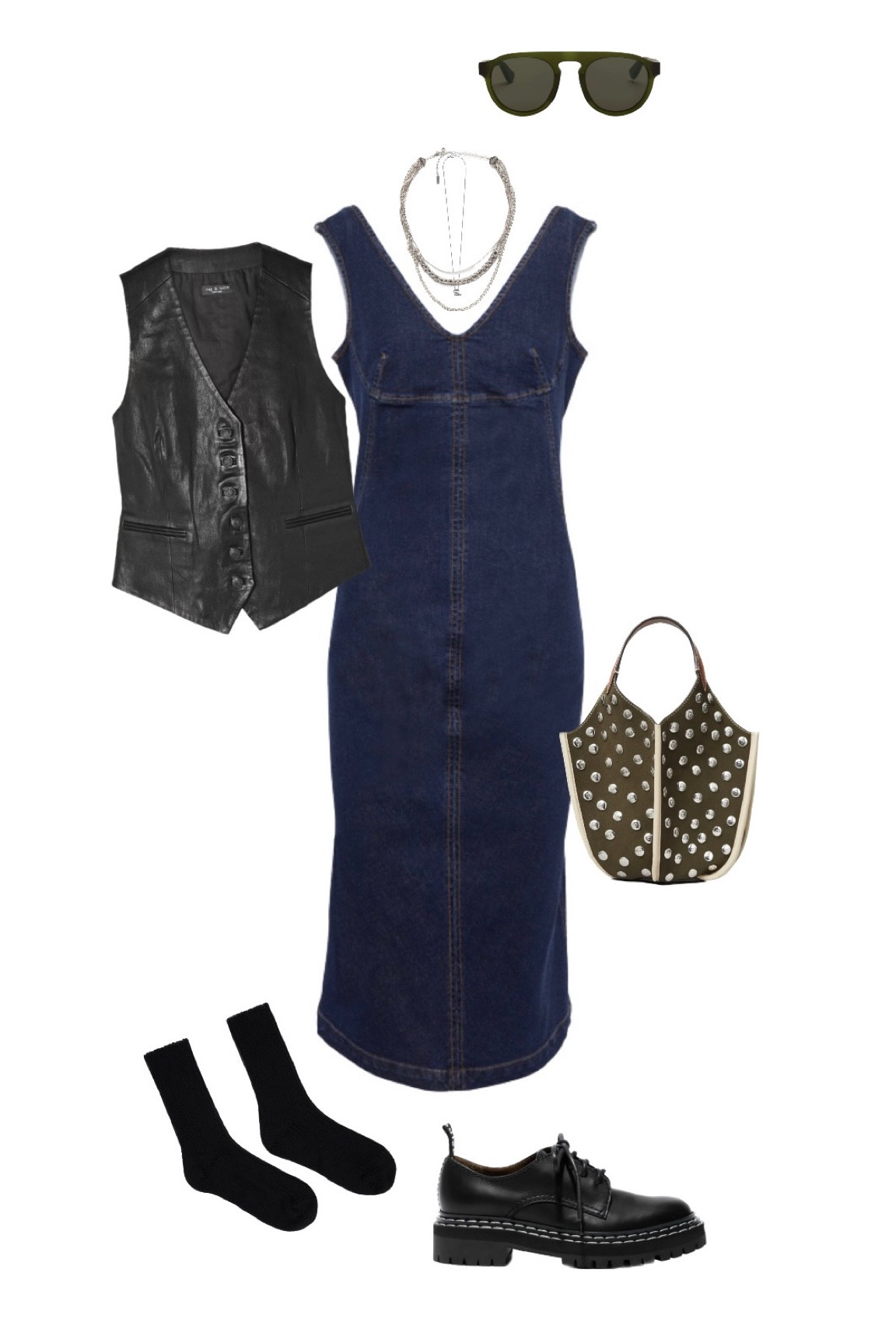 Coachella outfit idea #4! Dark wash denim midi dress with brogues and ankle socks plus a leather vest over top. Finished it off with this stunning Tory Burch lampshade bag! 
#competition

#LTKFind #LTKstyletip