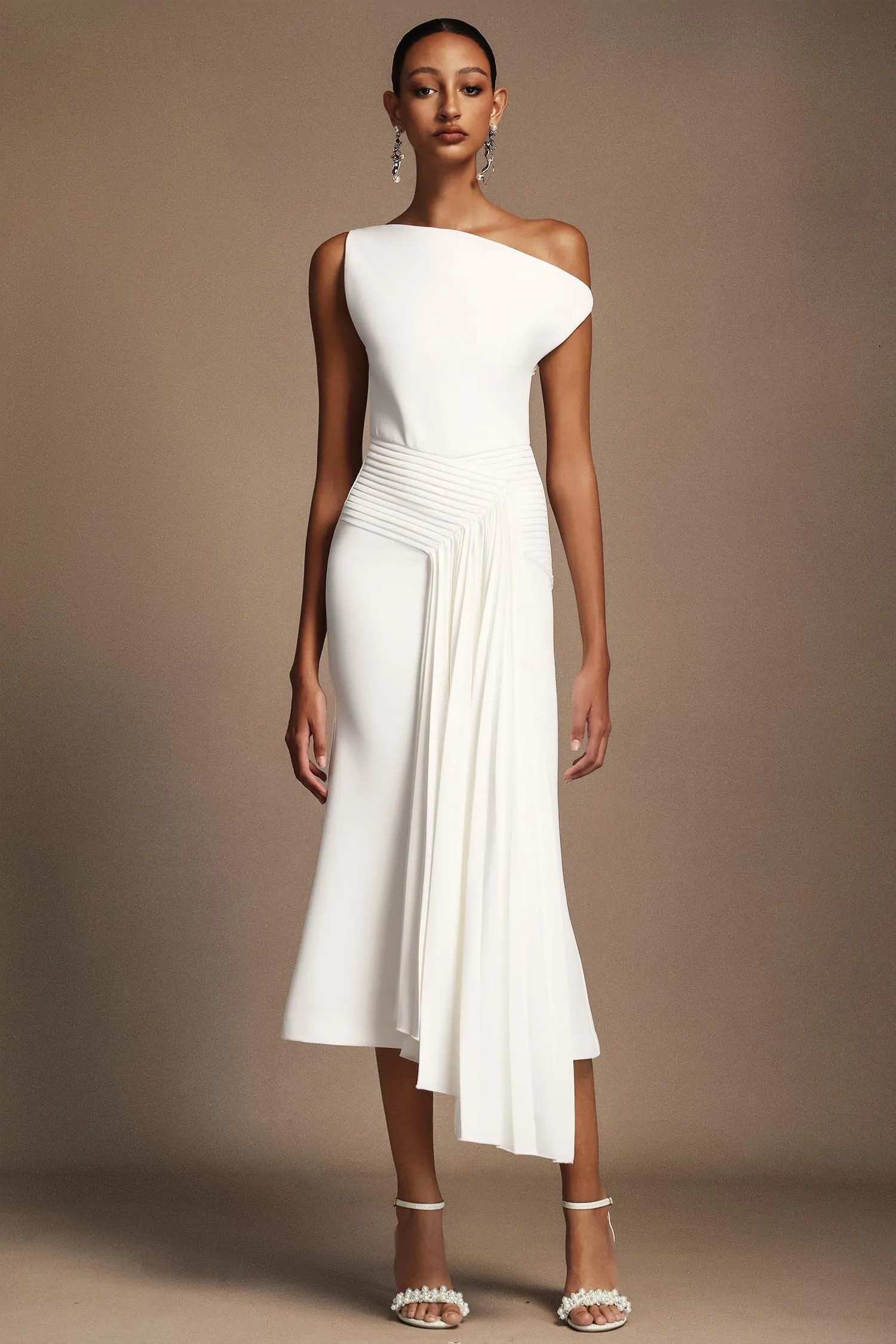 Paulina Oblique Shoulder Sleeveless Folds Midi Dress | Bellabarnett Affiliate Marketing