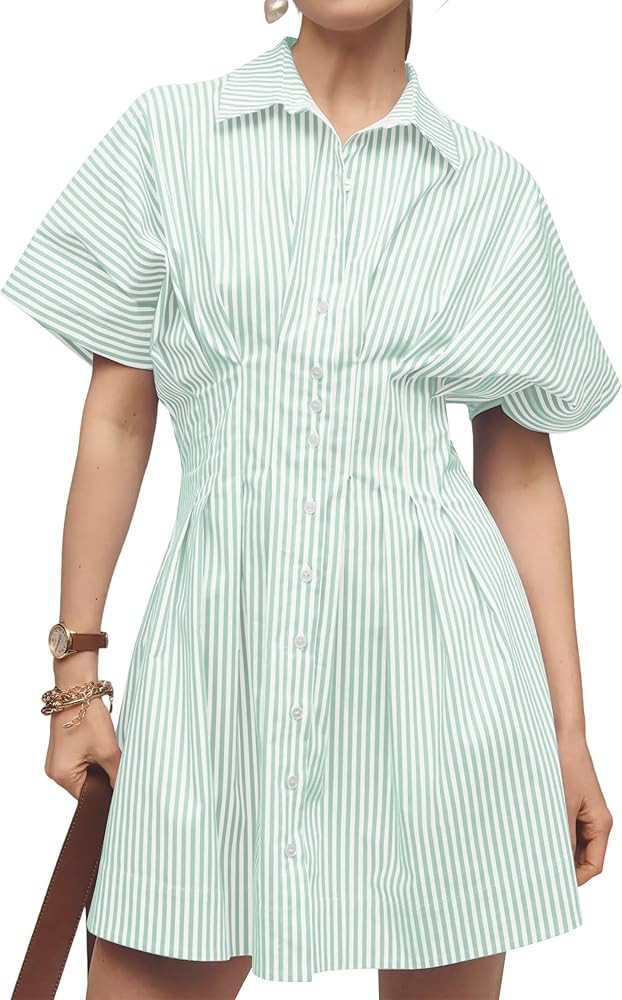 Women’s Button Front Down Pleated Shirt Dress Summer Casual Striped Short Sleeve Blouse Mini Dr... | Amazon (US)