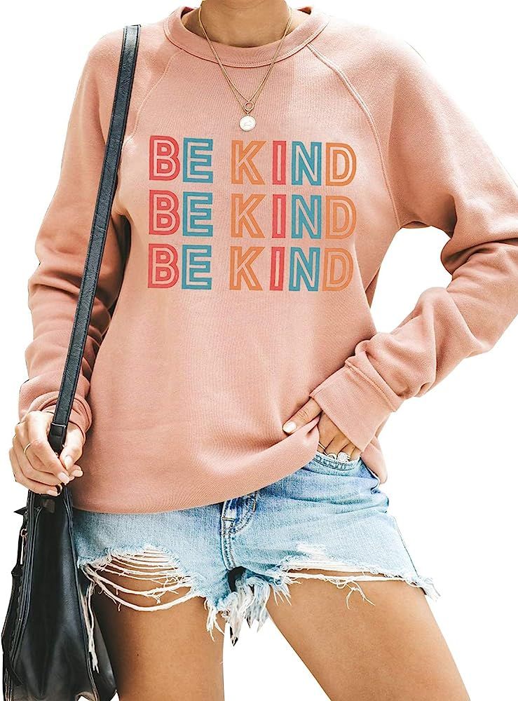 Women's Cute Graphic Sweatshirt Be Kind Crewneck Raglan Long Sleeve Pullover Top | Amazon (US)