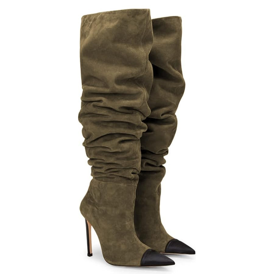 Women Soft Plicated Suede Stiletto Heel Knee High Boots, Sexy Cap Toe Thigh Boots, Retro Patchwor... | Amazon (US)