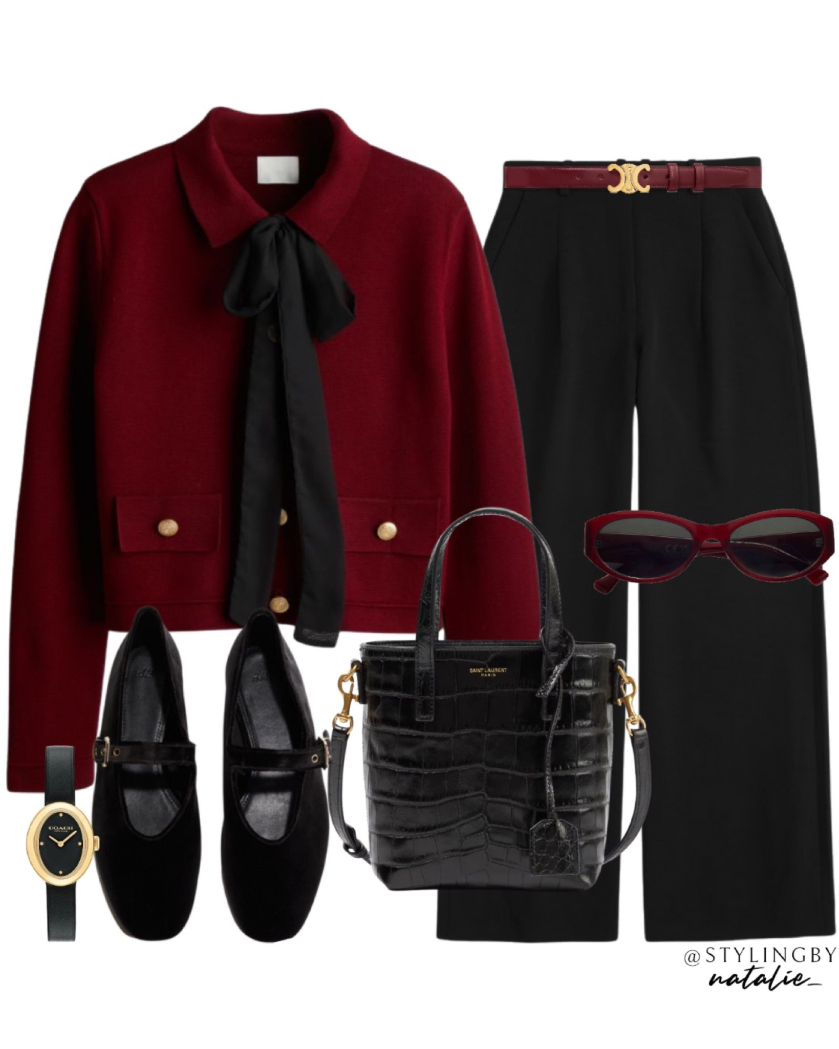 Tie neck blouse, black wide leg trousers, Celine belt, croc YSL shopper bag, Mary Jane ballet pumps, coach watch. Winter work outfit, workwear, office outfit.

#LTKworkwear #LTKuk #LTKmodest