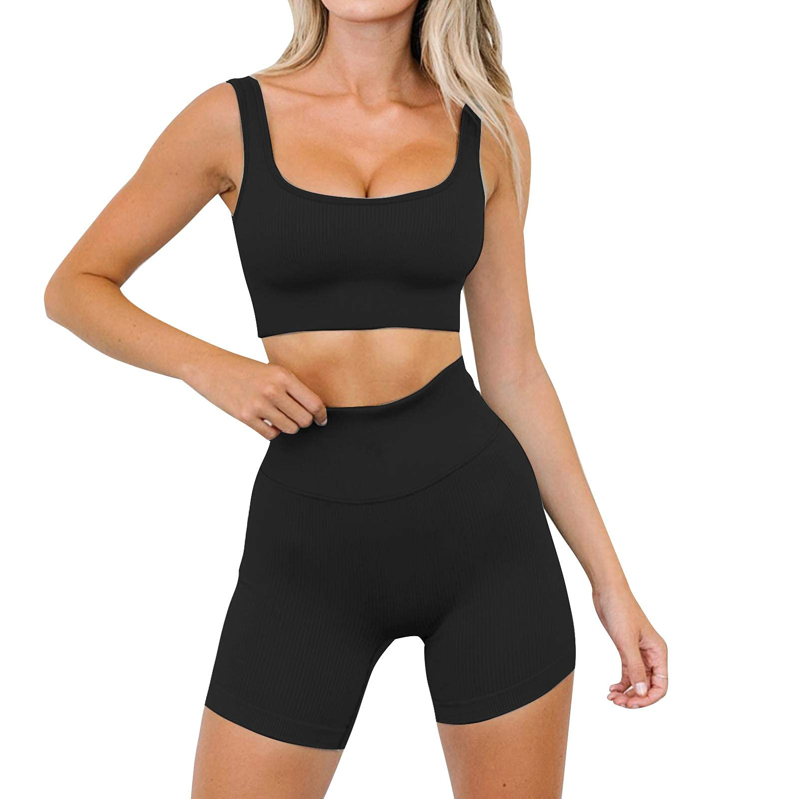 Jetjoy Women 2 piece Ribbed Workout Set Crop Rib Tank and High-Waist Leggings Sets | Amazon (US)
