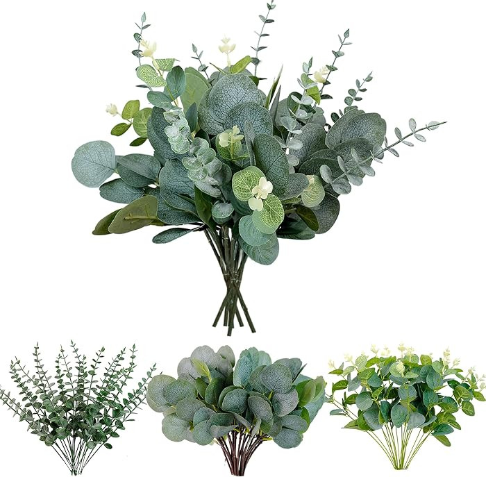 60Pcs 3 Kinds Mixed Eucalyptus Stems Artificial Silver Dollar Eucalyptus Leaves Picks, Seeded Fau... | Amazon (US)
