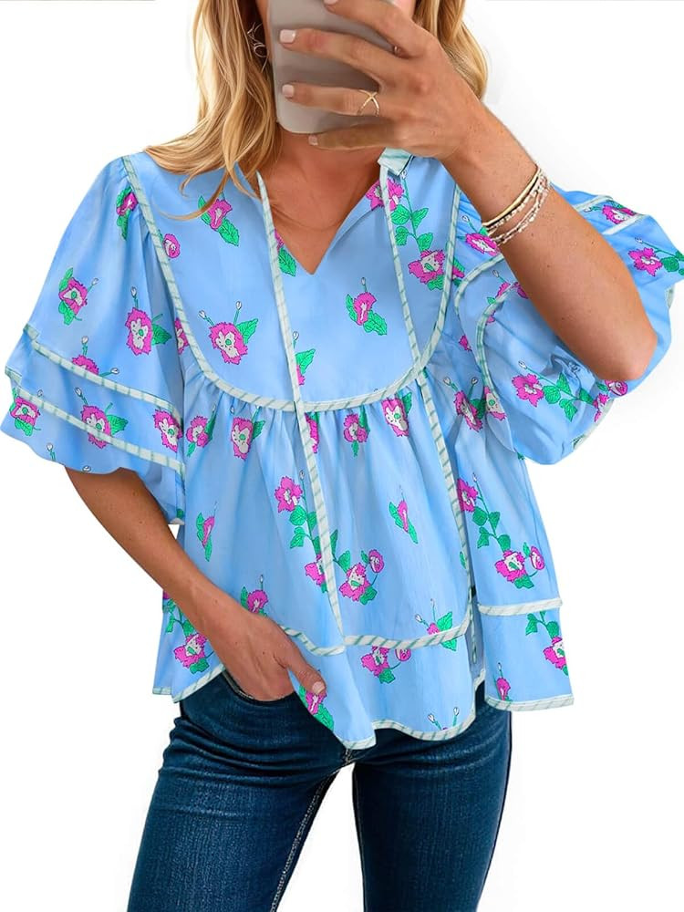 Cicy Bell Womens Summer Floral Babydoll Tops V Neck Short Lantern Sleeve Shirts Cute Loose Fit Fl... | Amazon (US)
