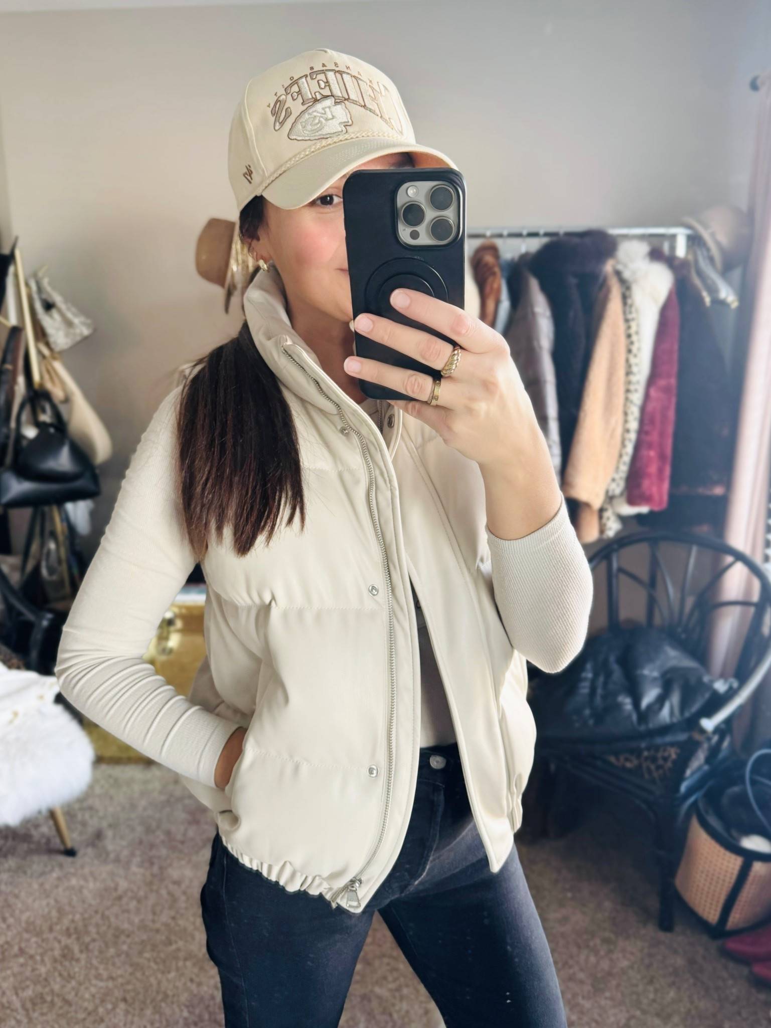 neutral beige Chiefs hat
Ivory/cream/beige leather puffer vest 

#LTKSaleAlert