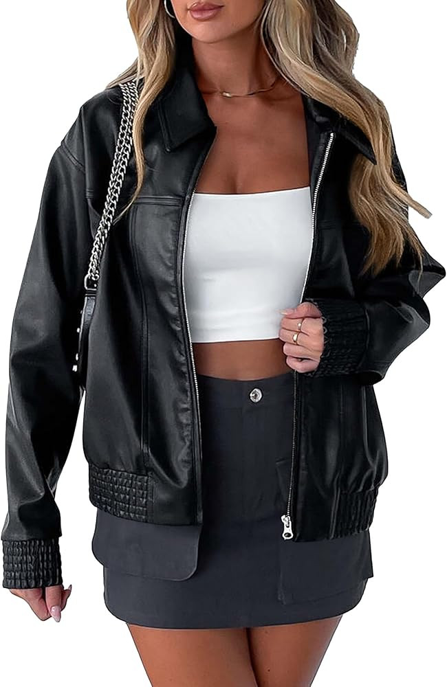 PRETTYGARDEN Women's Faux Leather Jackets 2025 Fall Long Sleeve Bomber Jacket Zip Up Motorcycle C... | Amazon (US)