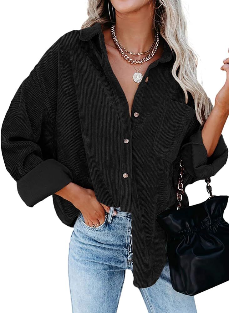 Dokotoo Womens Oversized Long Sleeve Button Up Pocket Shirts Ladies Loose Fit Corduroy Tunic Blouse  | Amazon (US)