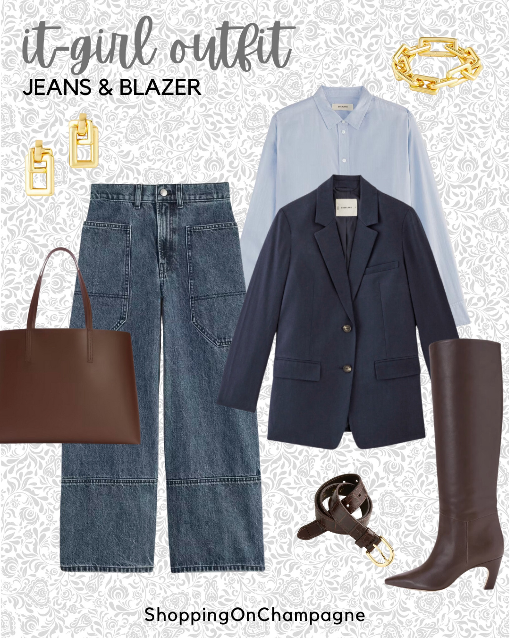 Chicest look of the season! Barrel jeans with a button-down shirt and a blazer. Finish this fabulous fall outfit with brown knee-high boots, an oversized leather bag, croc belt, and gold accessories!✨

#LTKOver40 #LTKStyleTip #LTKMidsize