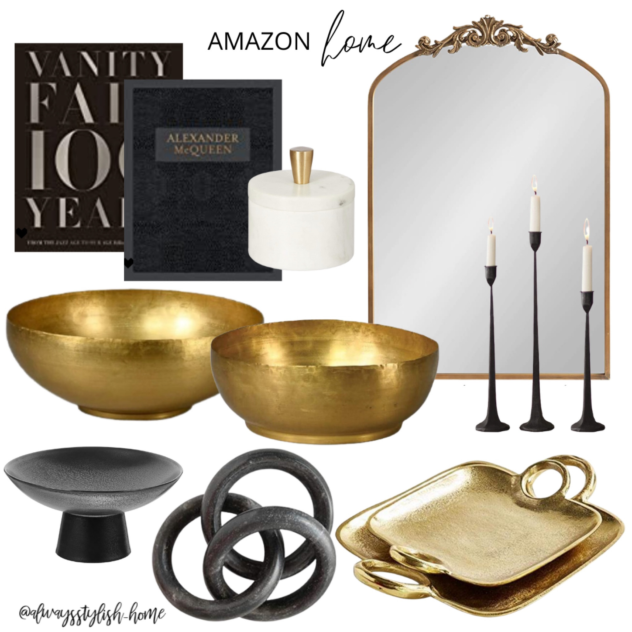 Amazon moody home decor, gold antique mirror, anthro dupe mirror, marble bowl, coffee table book, vanity fair book, Alexander McQueen book, black taper candlestick holder, black marble link, black pedestal bowl, gold bowl, brass tray set

#LTKhome #LTKFind