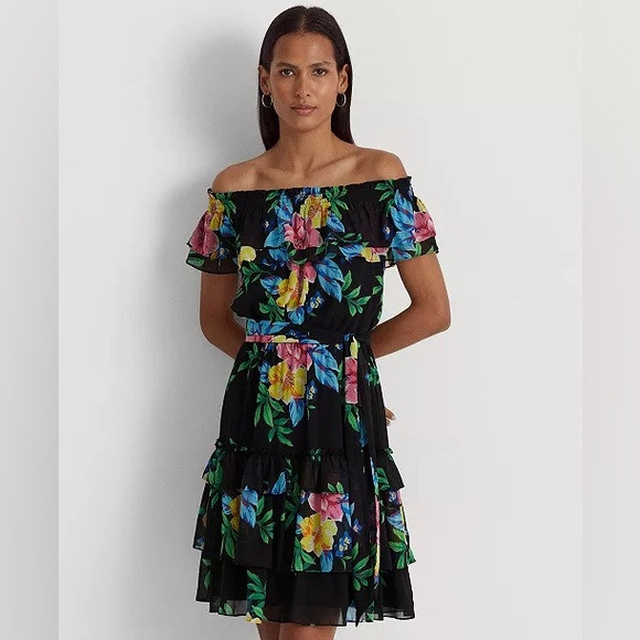 Ralph Lauren Women's Black Spring Floral Georgette Off-the-Shoulder Midi Dress14 | Poshmark