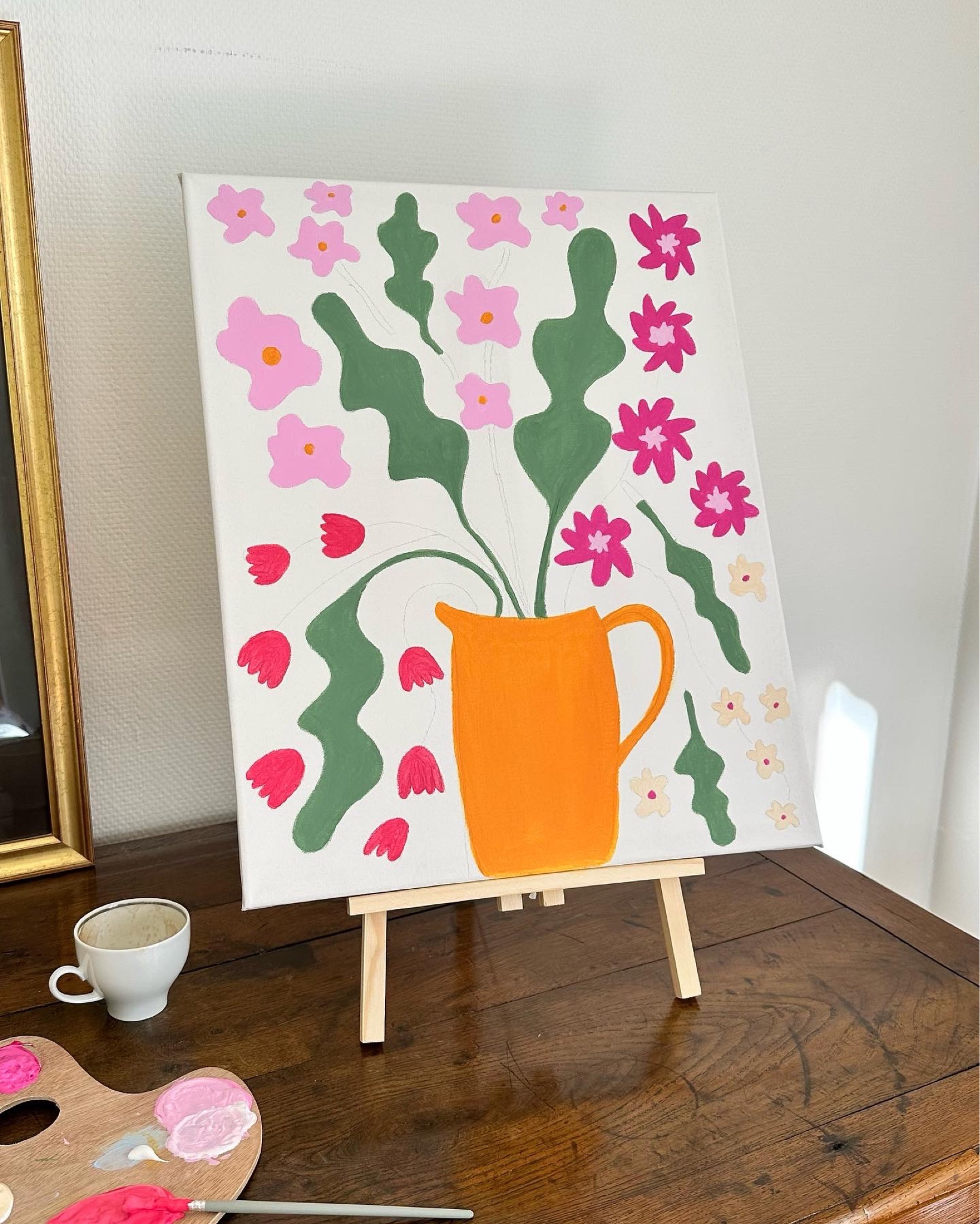 DIY peinture sur toile 🎨 | DIY art toile facile 

Materiel
• Peinture acrylique (ou gouache) 
• Action 1,99€/pot • Couleurs : primary yellow, magenta, pastel peach, brilliant red, olive, titanium white 
• Toile 40x50 cm • Action • 2,89€
• Set de 10 pinceaux synthétiques Monali • Cultura • 5,69€
• Crayon à papier ou crayons aquarellables Monali • Cultura • 13,99€

Options : 
• Palette de peinture bois • Cultura • 8,99€
• Chevalet 50 cm• Action • 2,99€

Conseils 
• Essayez de lâcher prise lorsque vous peigniez, n’essayez pas de faire quelque chose de parfait, laissez vous aller, c’est la que vous peindrez le mieux ✨.
• Prenez votre temps, perso j’ai mis 3 jours à réaliser cette peinture en y accordant quelques heures par jour. 

À vous 💓