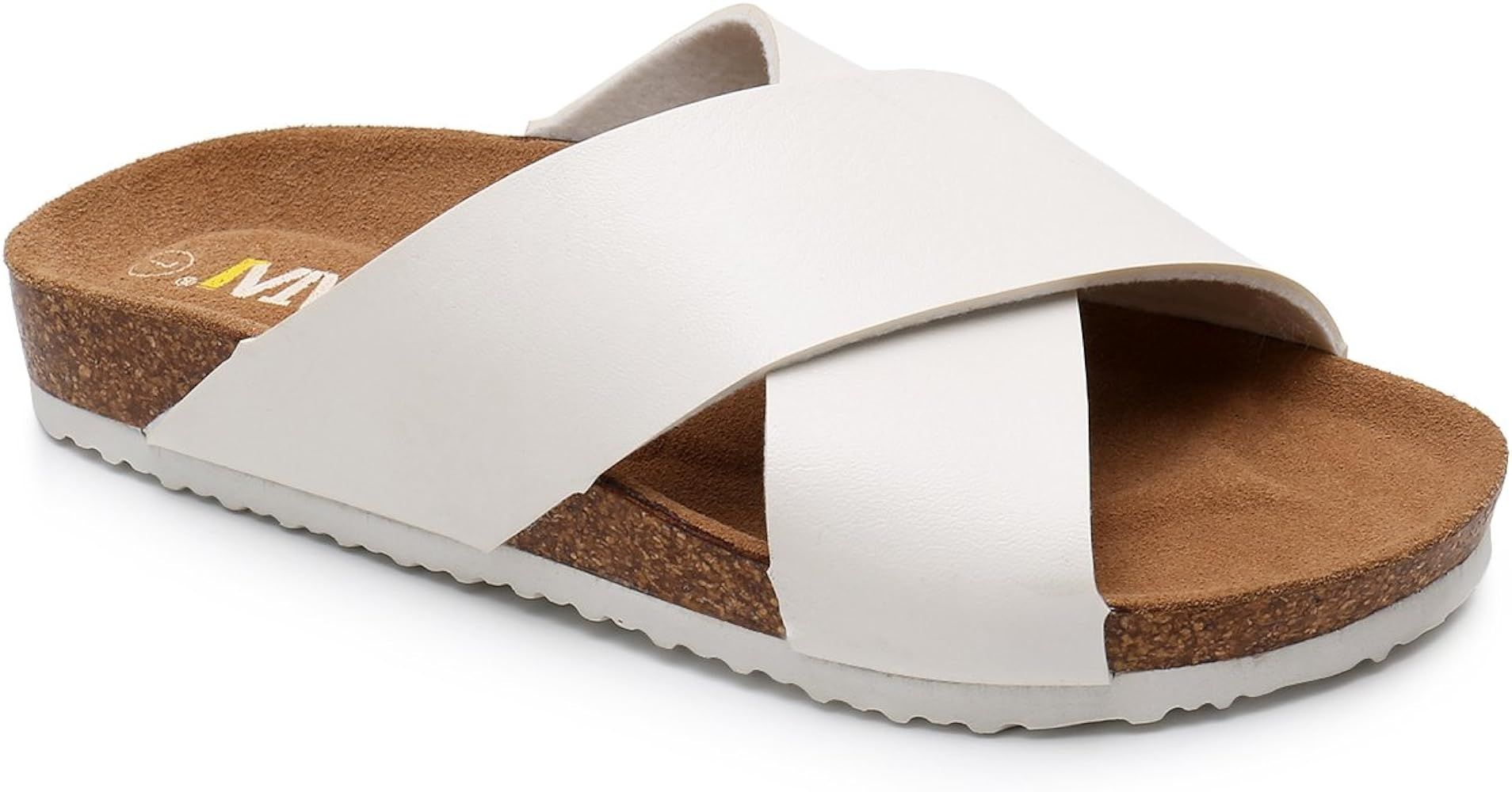 Women Open Toe Criss-Cross Strap Slide Cork Sandals Roman Slippers Suede Leather Sole Summer Beach F | Amazon (US)