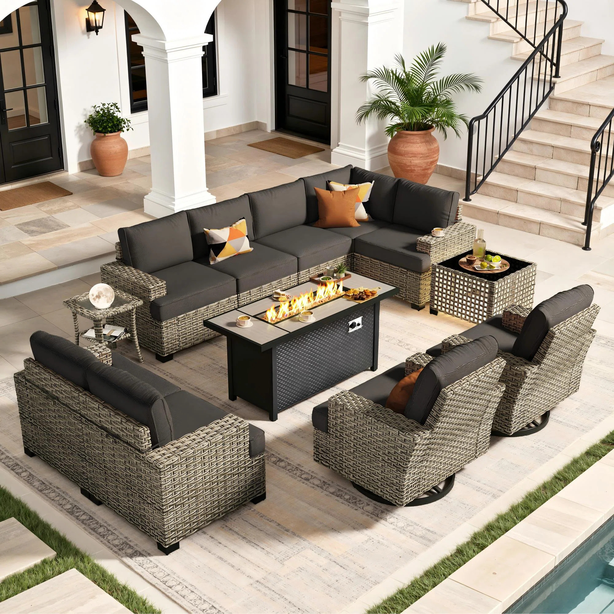 Outdoor Wicker 9 Person Modular Sectional Patio Seating Group With Swivel Rocking Chairs And Fire Pit Table | Wayfair North America