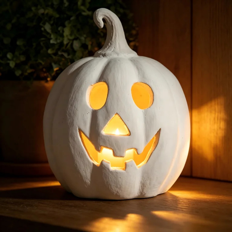 Fall Decor - Halloween Decorations - 5.9"H White Handmade Resin Pumpkin Jack O' Lantern with Flam... | Walmart (US)