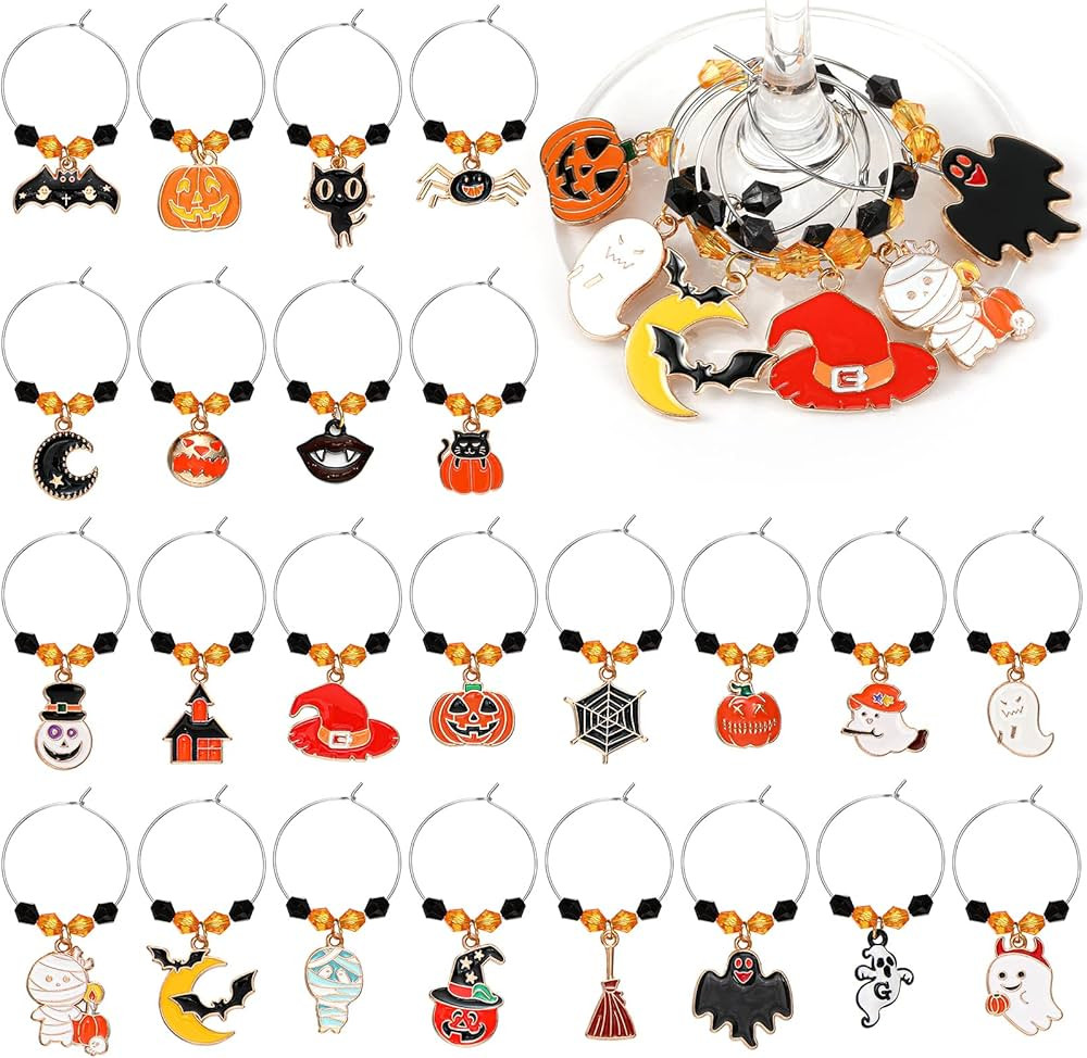 24 Pcs Halloween Wine Glass Charms Halloween Enamel Wine Charms Pendant Pumpkin Witch Hat Broomst... | Amazon (US)