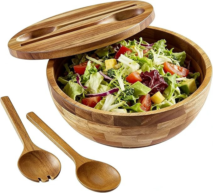 Acacia Wooden Salad Bowl with Lid, Built-in Acacia Wood Utensils, 10.5" Large Wood Serving Bowls ... | Amazon (US)