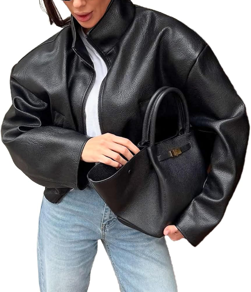 Womens Leather Jacket Zipper Stand Collar Motorcycle Jacket Bomber Jacket Fall Winter Faux Coat | Amazon (US)