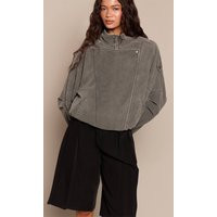 Funnel Neck Low Belt Soft Suede Biker Jacket, grey | PrettyLittleThing US