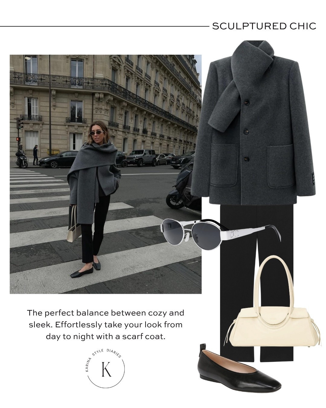 Sculptured and chic in a scarf coat! Paired with square tor ballet flats a white leather bag and round metal sunglasses

#LTKootd #LTKWorkwear #LTKHoliday