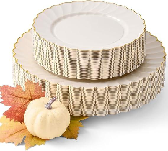 By Madee HEAVYWEIGHT 60 PC Scalloped Ivory and Gold Plates | Perfect Thanksgiving Plates, Fall Pl... | Amazon (US)