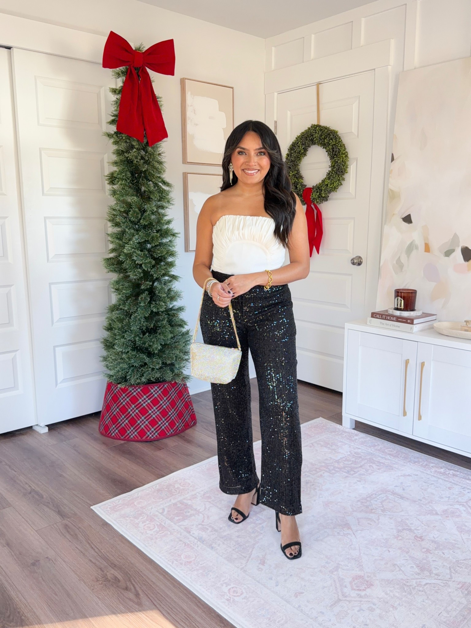 White bustier top size 0 petite TTS
Black sequin pants size 2 petite TTS
Black heels are old - similar linked

#LTKSaleAlert #LTKGiftGuide #LTKHoliday