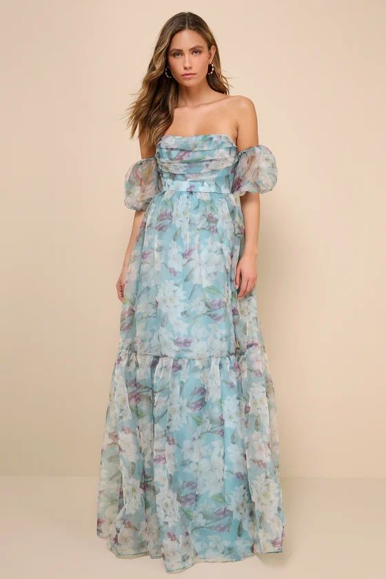 Blissful Glamour Blue Floral Tiered Off-the-Shoulder Maxi Dress | Lulus