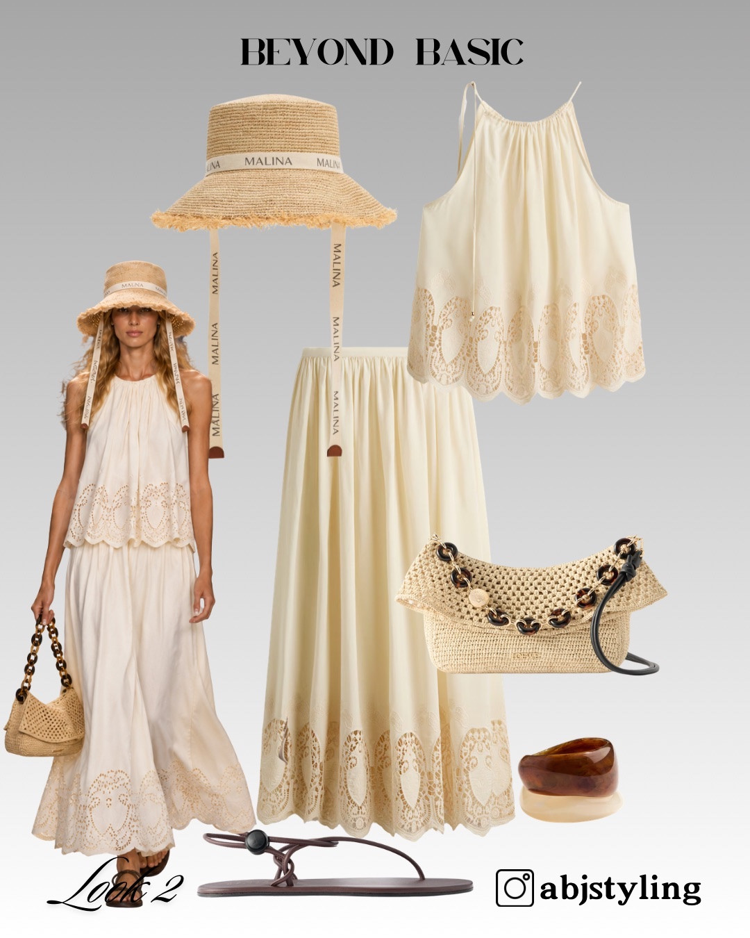 Soft ivory separates create an elegant alternative to a traditional summer dress. Lace detailing, a raffia hat, woven bag and minimal brown sandals bring texture and warmth to the monochromatic palette.

Styling tip: A tonal outfit needs contrasting textures. Combine crisp cotton, delicate lace, raffia and smooth leather so the look feels layered rather than flat.

#LTKuk #LTKsummer #LTKeurope