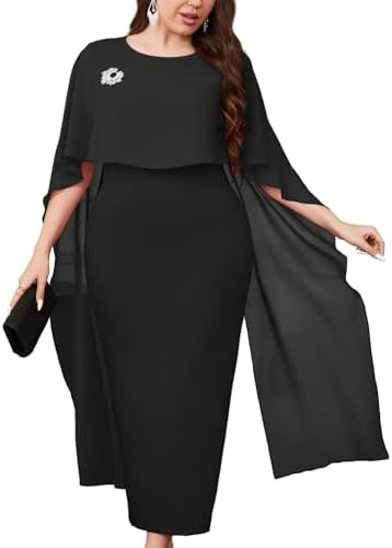 ZOMVA Plus Size Elegant Chiffon Cape Dress Crew Neck Wedding Guest Bodycon Cocktail Pencil Maxi D... | Amazon (US)