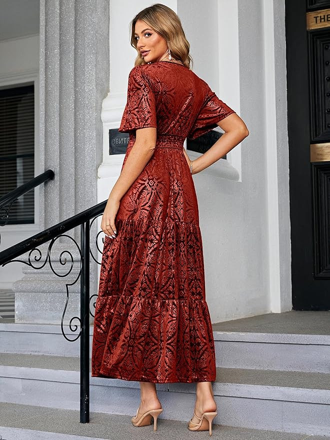 Amegoya Women's Summer Boho Maxi Dresses Casual V Neck Short Sleeve A-line Empire Waist Long Flow... | Amazon (US)