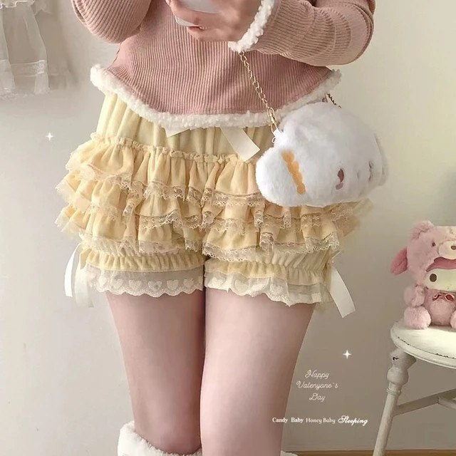 Sweet JK Plush Shorts Japanese Kawaii Ruffles Lantern Shorts Yellow Black Pink White Pumpkin Pant... | AliExpress (US)