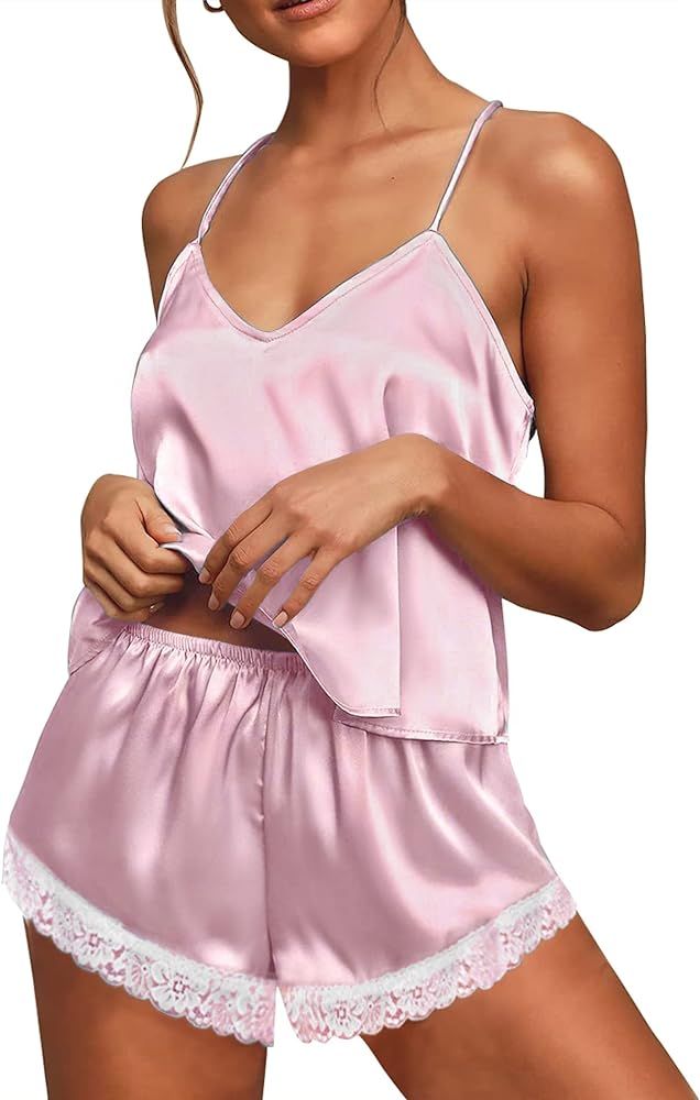 Ekouaer Satin Pajamas Women Lace Sleepwear Lingerie Cami Shorts Set Nightwear XS-XXL | Amazon (US)