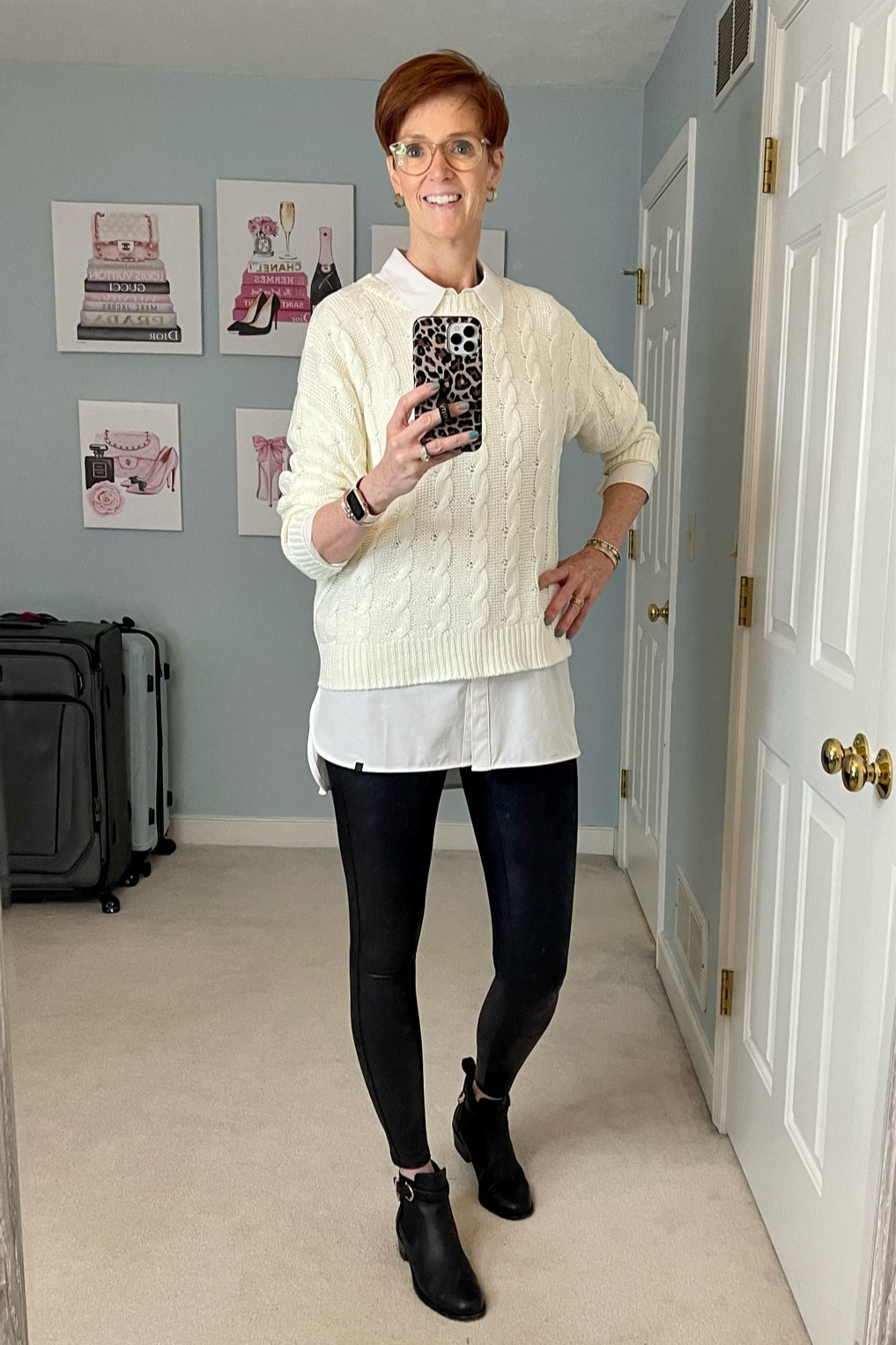 Leggings plus white button down and cable knit sweater equals a classic fall outfit.

Fall sweater, fall outfit, faux leather leggings, white shirt, cable knit sweater, boots

#LTKstyletip