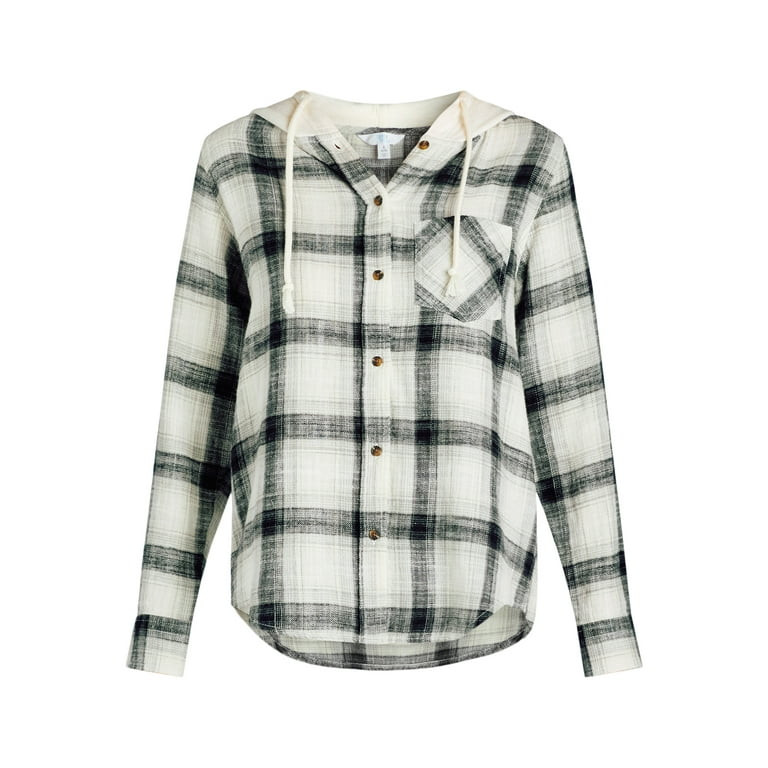 Time and Tru Women's Hooded Flannel Button Down Shirt with Long Sleeves, Sizes XS-XXXL - Walmart.... | Walmart (US)