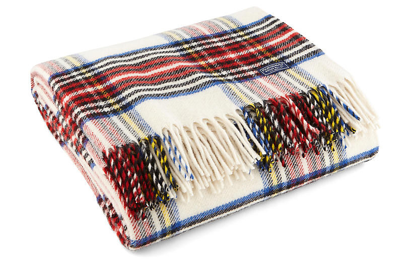 Stewart Plaid Merino Wool Throw, White | One Kings Lane