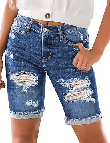 luvamia Women High Waisted Stretch Bermuda Shorts Ripped Rolled Hem Jean Shorts | Amazon (US)