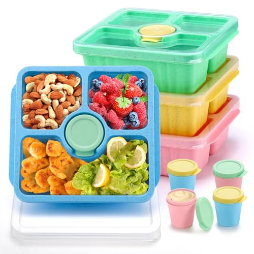 QQKO Bento Snack Box for Adults Kids, Lunchable Meal Prep Container Reusable, 4 Pack Divided Food Storage With Lids, Stackable Lunch Box With Sauce Cups, Pastel | Amazon (US)