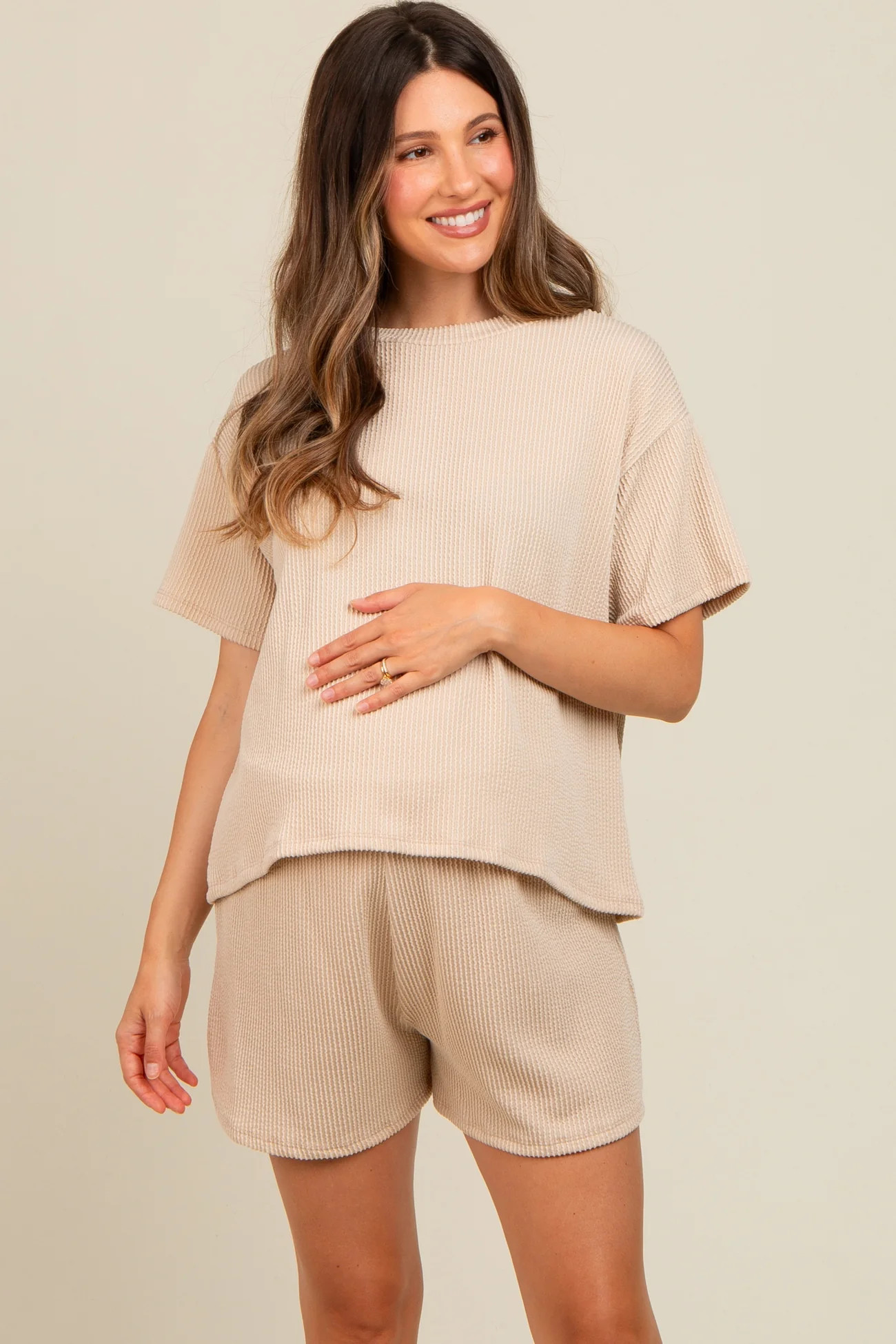 Ivory Ribbed Maternity Shorts Set | PinkBlush Maternity