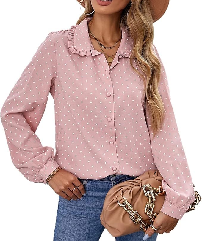 KevaMolly Women's Polka Dot Shirt Ruffled Lapel Neck Button Down Long Sleeve Shirt | Amazon (US)