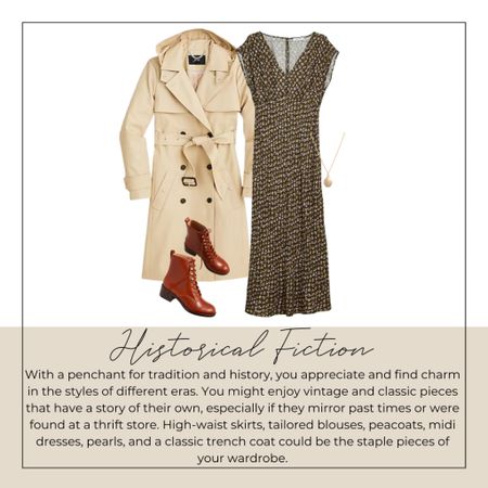Love losing yourself in a historical fiction book? This outfit reminds you of past times with an updated twist: trench coat, lace up boots, midi dress, and a pendant necklace 

#LTKstyletip