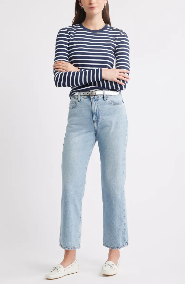 Stripe Button Shoulder Long Sleeve Rib T-Shirt | Nordstrom