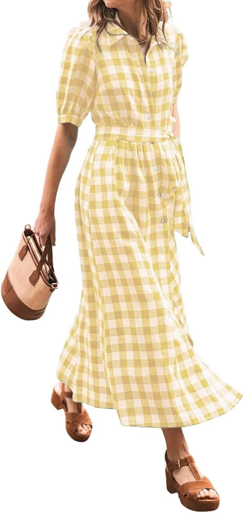 CHARTOU Women Summer Plaid Puff Short Sleeve Dress Button Down Long Shirt Dress with Belt | Amazon (US)