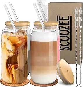 Scoozee Glass Cups with Bamboo Lids, Glass Straws and Coasters (Set of 4, 16 oz) - Iced Coffee Cu... | Amazon (US)