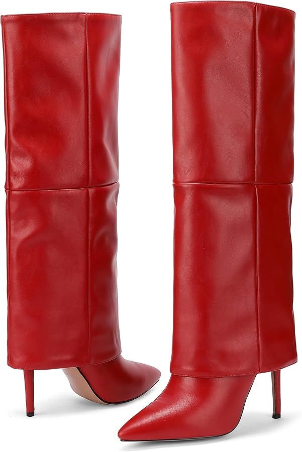 Fold over Knee High Boots for Women High Heel Boots Sexy Tall Boots Stiletto Pointed Toe Shoes | Amazon (US)