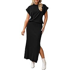 Pink Queen Women's 2 Piece Sweater Outfits Set Summer Cap Sleeve Tops Bodycon Maxi Long Skirt Kni... | Amazon (US)