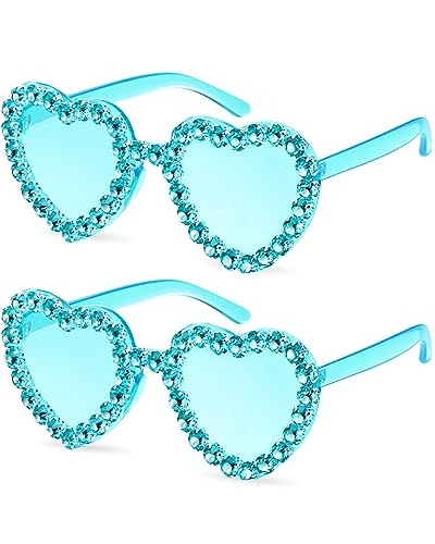 TOODOO 2 Pairs Valentine‘s Day Heart Shaped Rimless Sunglasses Heart Rhinestone Glasses for Women Transparent Heart Glasses(Blue) | Amazon (US)
