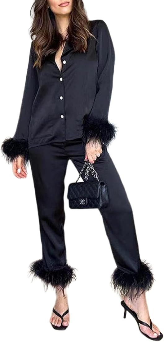 Women Satin Silk Pajamas Set Feather Long Sleeve Lapel Button Down Top+Long Pants Sleepwear Night... | Amazon (US)